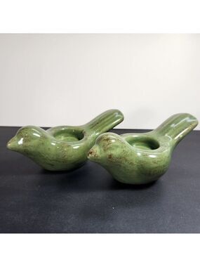 Ceramic Bird Candle Holder Tea Light Jade Green with Flecks of Brown Set Of 2